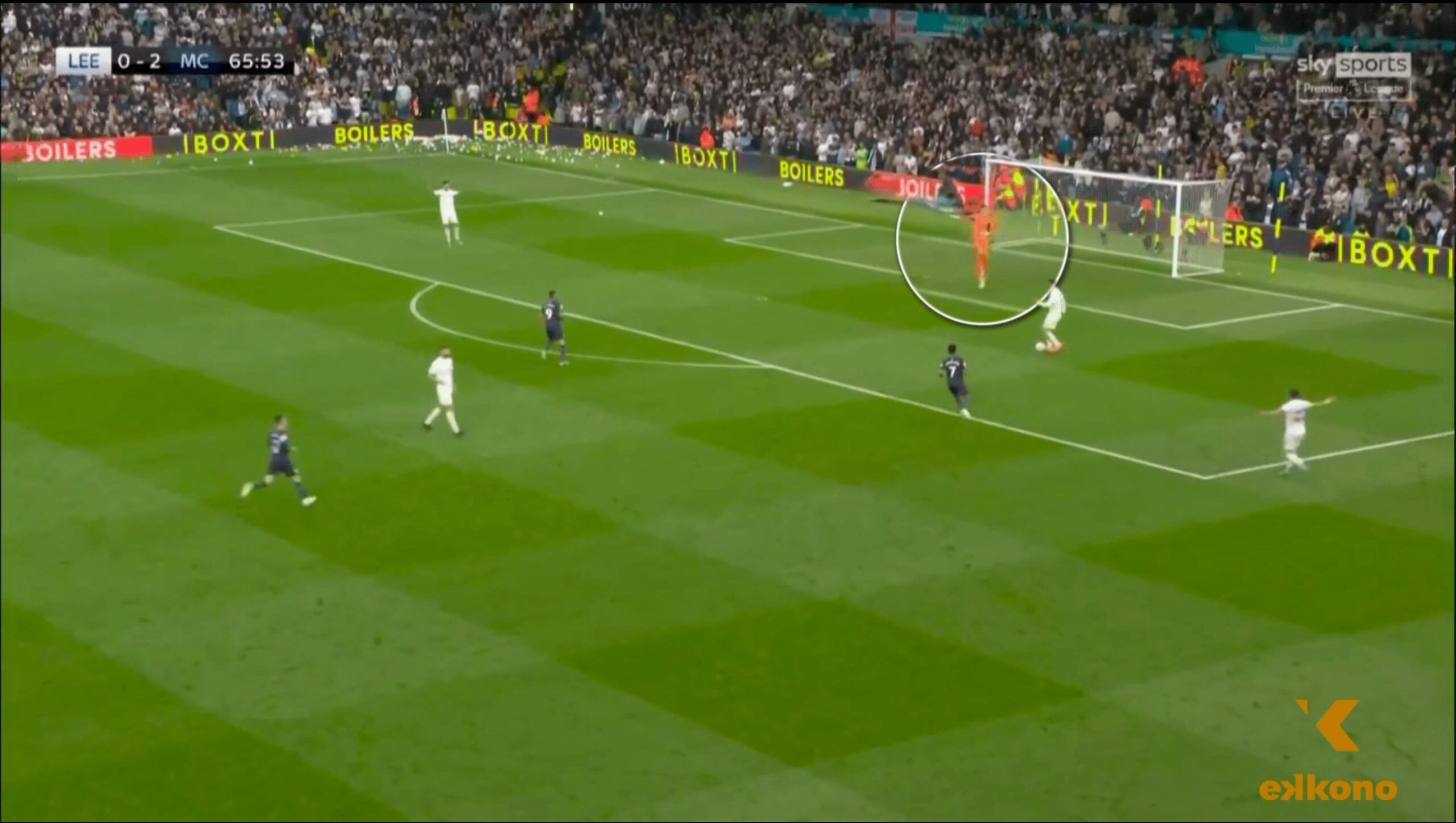 Meslier (Leeds United) shows the way that team can benefit from having a plan. The ball is close to him and he is looking for the teammates who are available to receive the ball.
