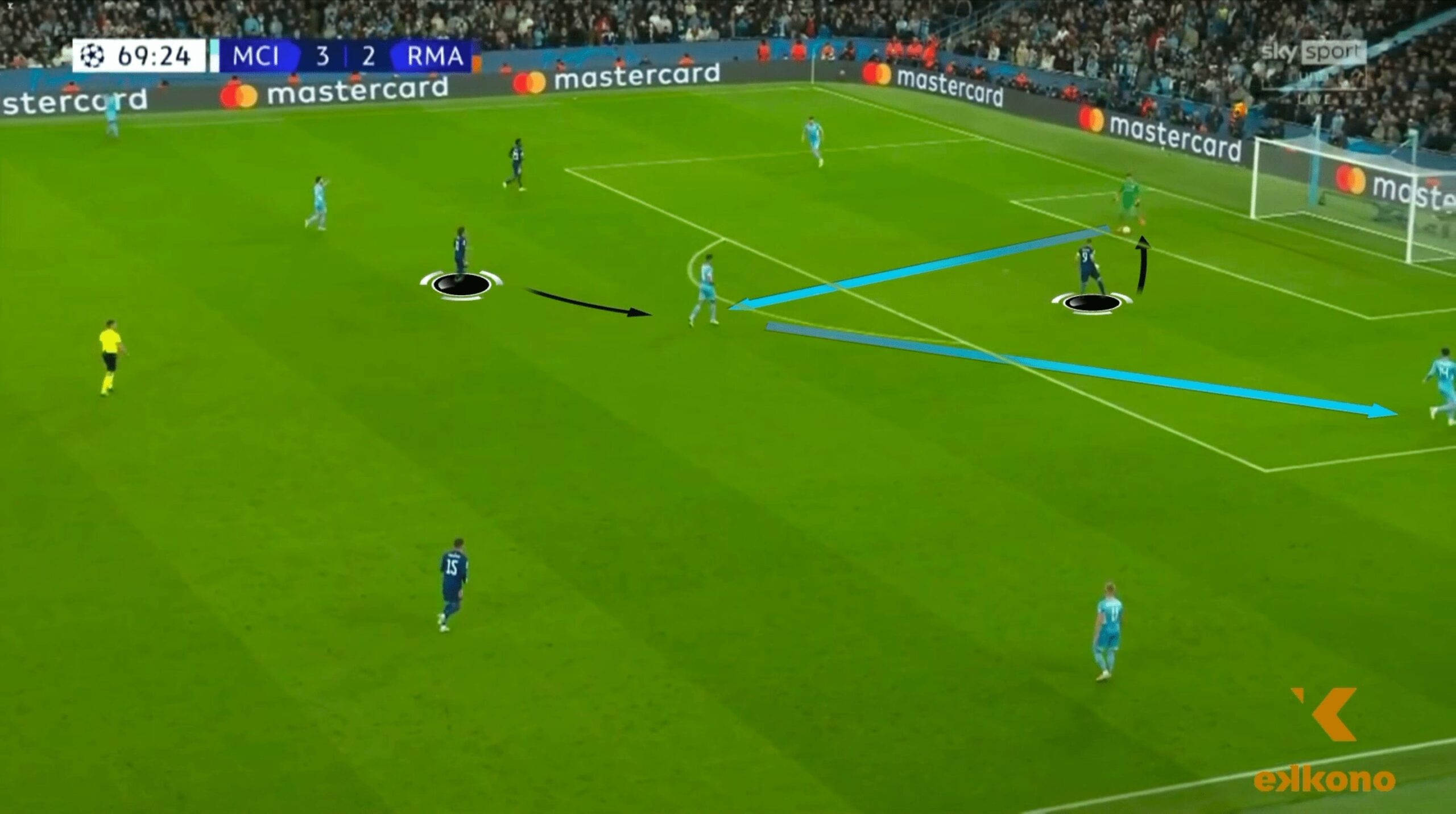 Ederson plays towards Rodrigo's right foot, so it is easier for him to pass to Laporte on the first touch.