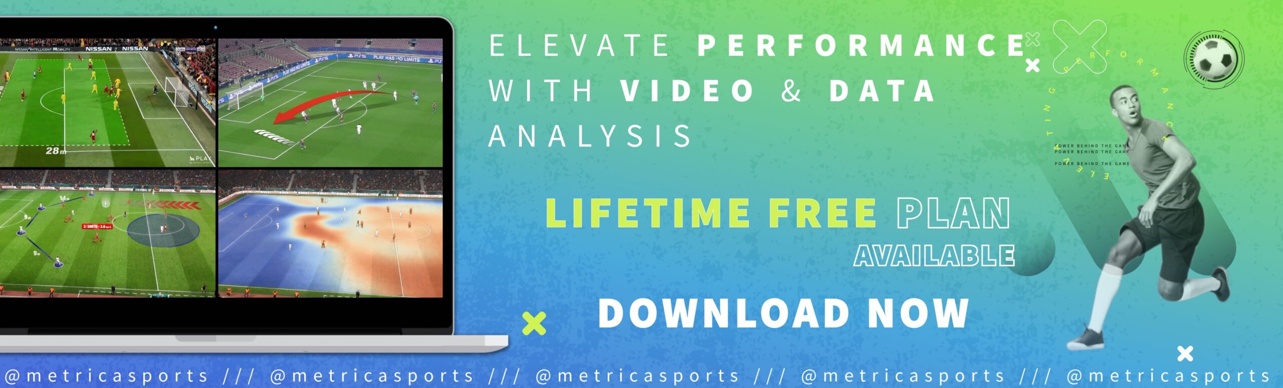 ad banner to get a lifetime free plan to elevate performance with video & data analysys, of @metricasports