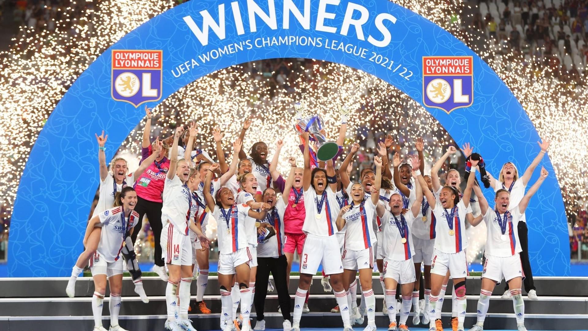 Lyon team is celebrating a victory in Champions League