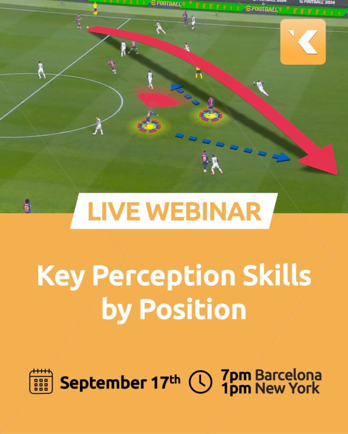 Perception Skills by Position. Fermín López (FC Barcelona) is checking Ferran Torres (Striker) position and the ball possessor situation to time his run and score.