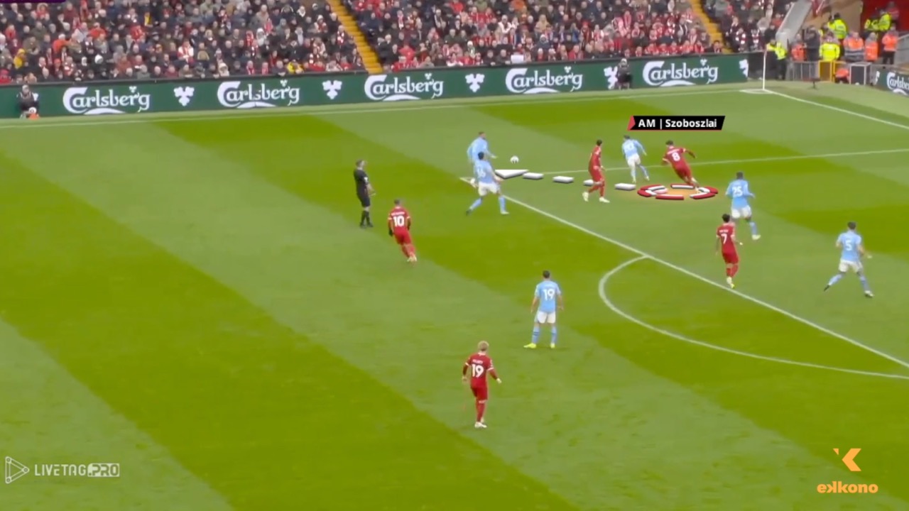 Gegenpressing. Dominik Szoboszlai (Liverpool) applies pressing after losing the ball.