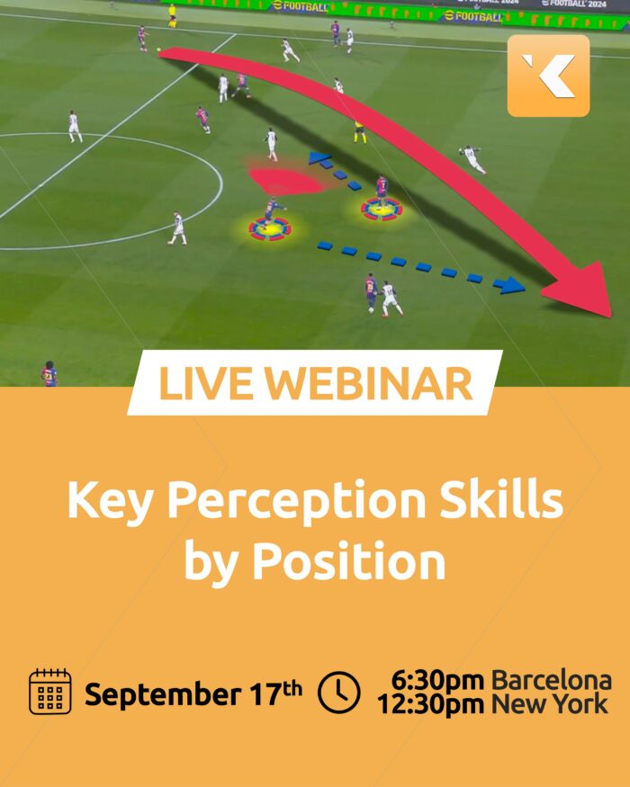 Perception Skills by Position. Fermín López (FC Barcelona) is checking Ferran Torres (Striker) position and the ball possessor situation to time his run and score.