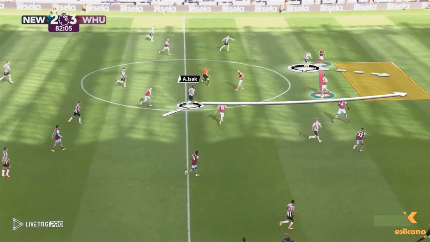 Alexander Isak drops back to receive the ball between the defensive lines.
