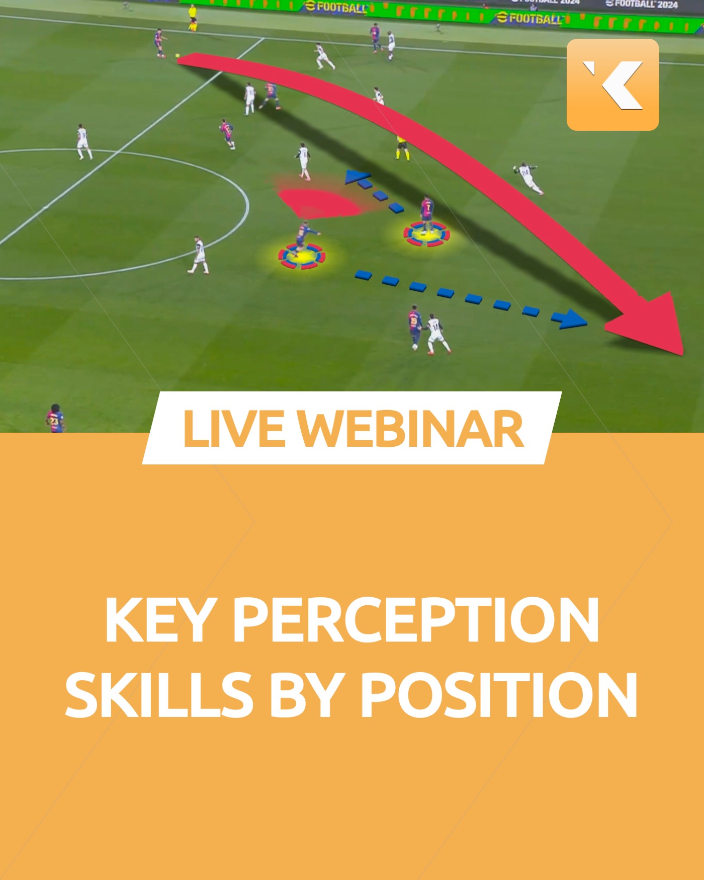 Perception Skills by Position. Fermín López (FC Barcelona) is checking Ferran Torres (Striker) position and the ball possessor situation to time his run and score.