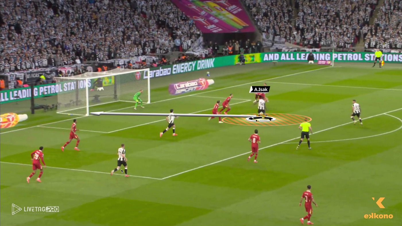 Isak separates from the two center-backs in the penalty area and scores with a precise first touch shot into the bottom corner.
