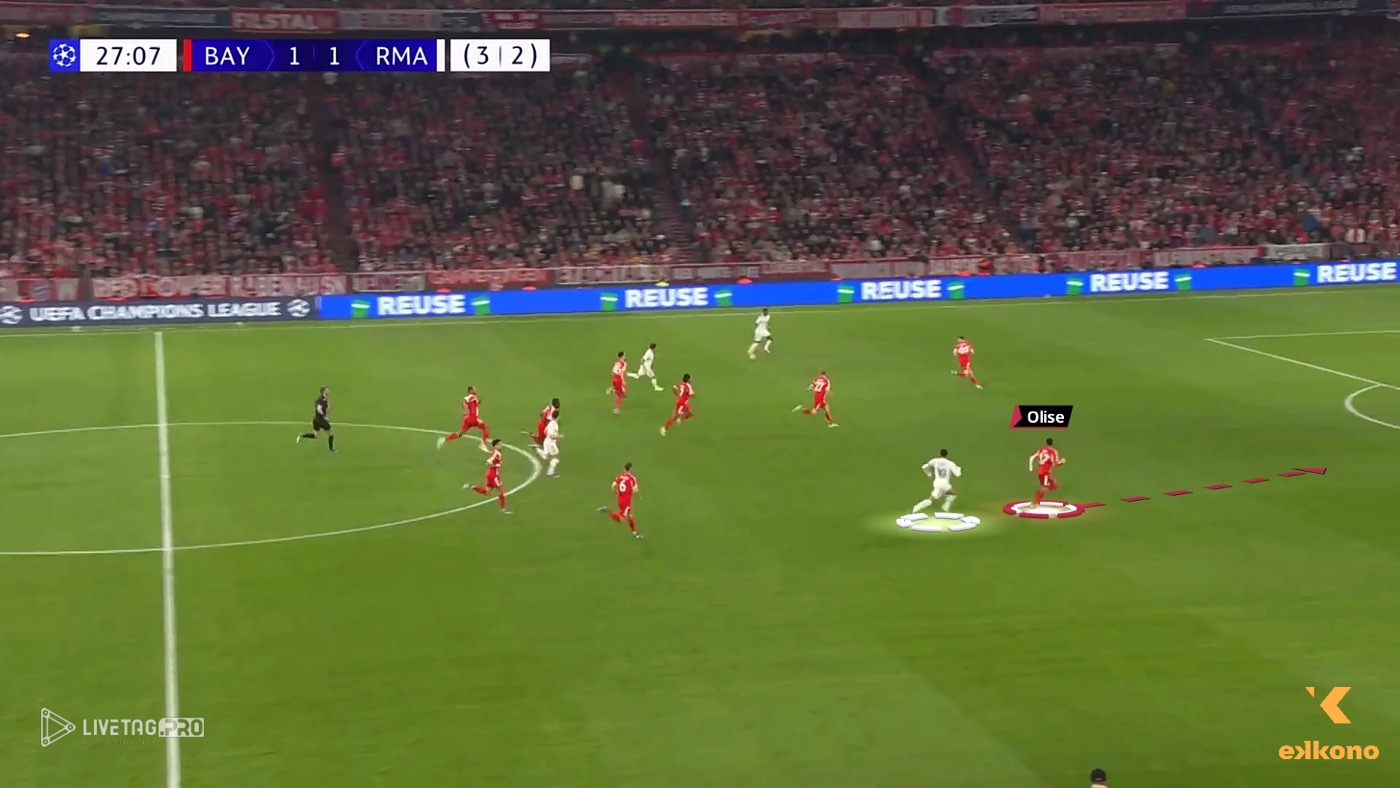 Olise tracking back and following Mbappé