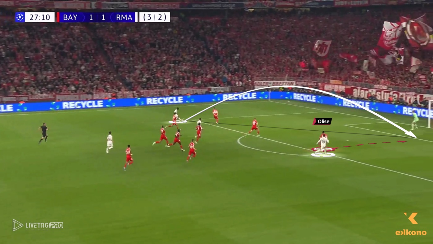 Olise tracks Mbappé inside his own box.